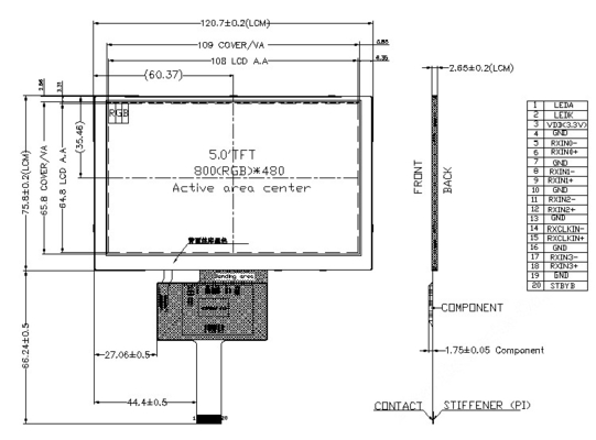 5 Inch LCD TFT Display Panel,  800x480 Resolution , 20PINS LVDS Interface , 1200cd/M2