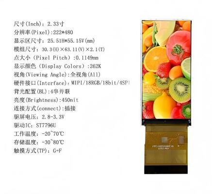 2.33" IPS TFT Module with 222X480 Resolution and MIPI/18RGB/18BIT/4SPI Interface
